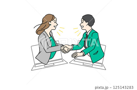 ネットやAIを通じたグローバルなビジネス展開をして握手するビジネスマンのベクターイラスト 125143283