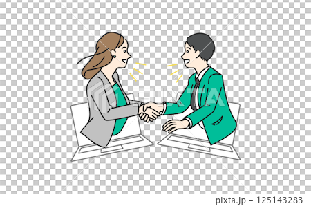 ネットやAIを通じたグローバルなビジネス展開をして握手するビジネスマンのベクターイラスト 125143283