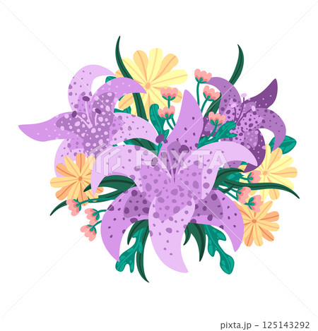 Purple lily with yellow wildflowers blooms. Vector bouquet of stylized flowers and green leaves. Botanical composition ideal for spring floral branding and wedding invitations design 125143292