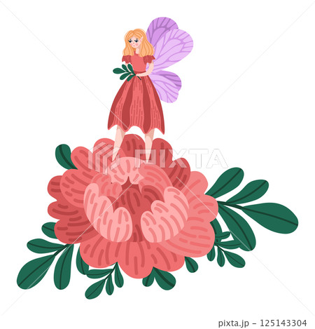 Illustration of fairy tale girl with pastel wings. Red petal-like dress on dreamy flying fairy standing on a detailed peony flower. Charming magical figure for fairy tale postcard designs Illustration of fairy tale girl with pastel wings. Red petal-like dress on dreamy flying fairy standing on a detailed peony flower. Charming magical figure for fairy tale postcard designs 125143304