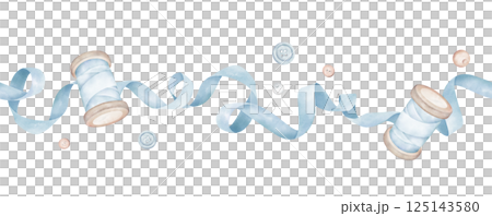 Blue ribbon and spools, seamless border. Satin curly ribbon, buttons and beads composition. Graphic element in watercolor style for lovely design. Blue ribbon and spools, seamless border. Satin curly ribbon, buttons and beads composition. Graphic element in watercolor style for lovely design. 125143580