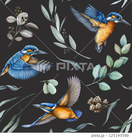 Flying kingfisher birds with eucalyptus leaves decor seamless pattern element on dark background. Watercolor hand drawn realistic illustration. Bright birds with eucalyptus leaves seamless pattern 125143590