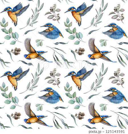 Kingfisher birds with eucalyptus twigs decor seamless pattern on white background. Watercolor hand drawn realistic illustration. Bright birds, eucalyptus leaves background seamless pattern Kingfisher birds with eucalyptus twigs decor seamless pattern on white background. Watercolor hand drawn realistic illustration. Bright birds, eucalyptus leaves background seamless pattern 125143591