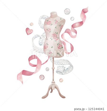 Mannequin, satin ribbon, white lace, buttons, beads in watercolor style. Dress dummy, sewing accessories composition isolated on white. Clipart for postcards. Mannequin, satin ribbon, white lace, buttons, beads in watercolor style. Dress dummy, sewing accessories composition isolated on white. Clipart for postcards. 125144041