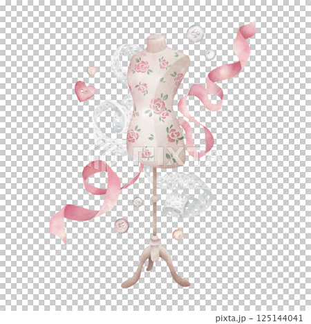 Mannequin, satin ribbon, white lace, buttons, beads in watercolor style. Dress dummy, sewing accessories composition isolated on white. Clipart for postcards. Mannequin, satin ribbon, white lace, buttons, beads in watercolor style. Dress dummy, sewing accessories composition isolated on white. Clipart for postcards. 125144041