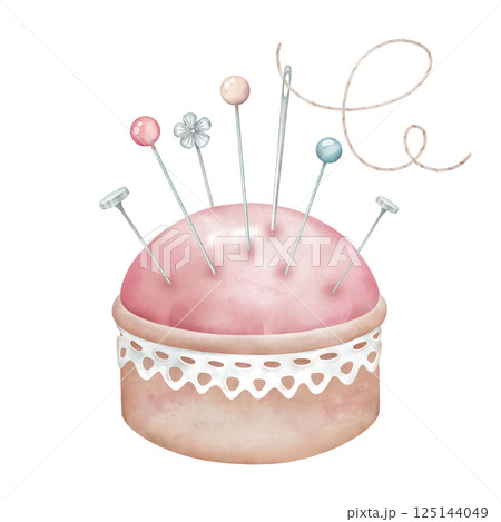 Pincushion with needles and straight pins. Tailor accessory for needlework isolated on white. Clipart in watercolor style 125144049