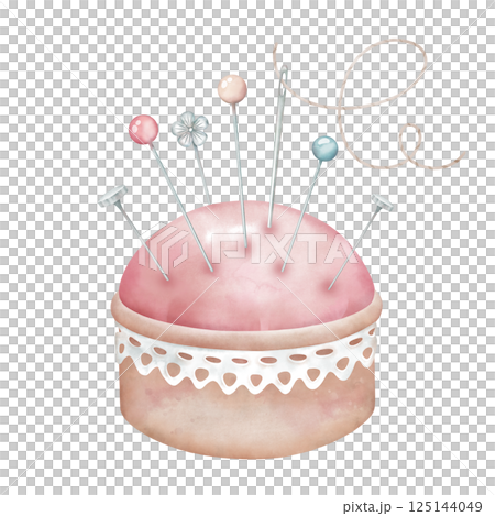 Pincushion with needles and straight pins. Tailor accessory for needlework isolated on white. Clipart in watercolor style 125144049