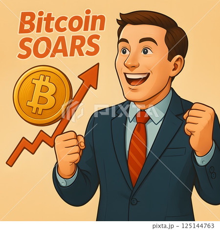ビットコインの暴騰に興奮し、拳を握るスーツ姿のビジネスマンのコミック風イラスト 125144763