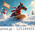 Cheerful horse snowboarding with a snowman and 2026 sign 125144959