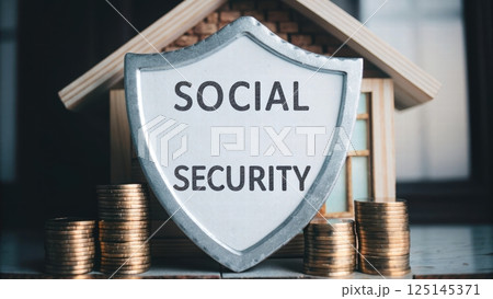 Social security benefits concept, Shield representing social security with coins and house. Social security benefits concept, Shield representing social security with coins and house. 125145371