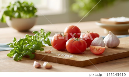 まな板の上のカラフルなトマトとハーブ まな板の上のカラフルなトマトとハーブ 125145410