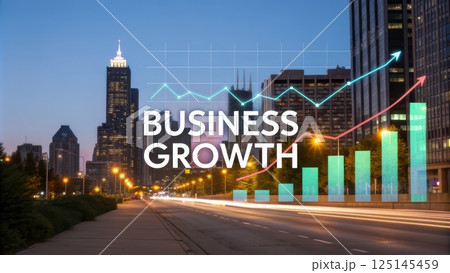 Business growth concept, Business growth graph in an urban setting at dusk. 125145459