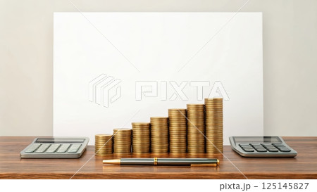 Financial and business concept, Financial growth with coins and calculators on desk Financial and business concept, Financial growth with coins and calculators on desk 125145827