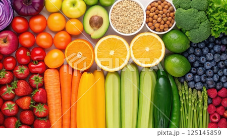 Vibrant array of fresh fruits and vegetables displayed. 125145859