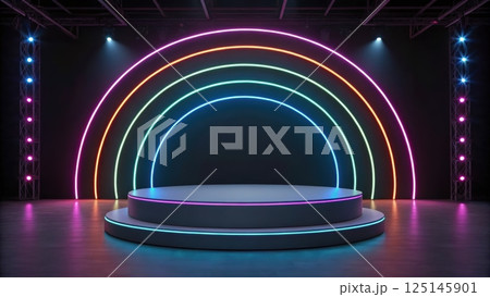 podium concept, Colorful neon stage with circular lighting effects podium concept, Colorful neon stage with circular lighting effects 125145901