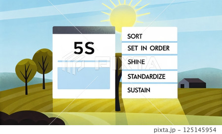 The 5S Sort Set in Order Shine Standardize and Sustain, 5S methodology visual representation with landscape backg... The 5S Sort Set in Order Shine Standardize and Sustain, 5S methodology visual representation with landscape backg... 125145954