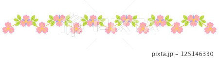 Pink flowers and leaves, curly line doodle style hand drawn divider, simple lineart vector illustration, decorative romantic horizontal border, design element for book, card, invitation 125146330