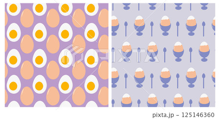 Beige egg and Half hard boiled egg with yolk Partially peeled hard boiled egg Seamless Patterns Set 125146360