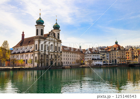 View of Jesuit church and the Reuss river in Lucerne, Switzerland 125146543