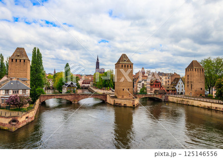View on medieval bridge Ponts Couverts over the River Ill in Strasbourg, Alsace, France View on medieval bridge Ponts Couverts over the River Ill in Strasbourg, Alsace, France 125146556