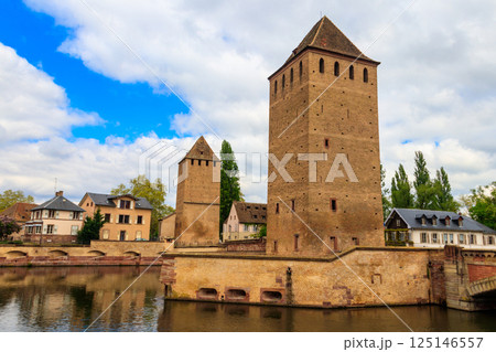 View on medieval bridge Ponts Couverts over the River Ill in Strasbourg, Alsace, France View on medieval bridge Ponts Couverts over the River Ill in Strasbourg, Alsace, France 125146557