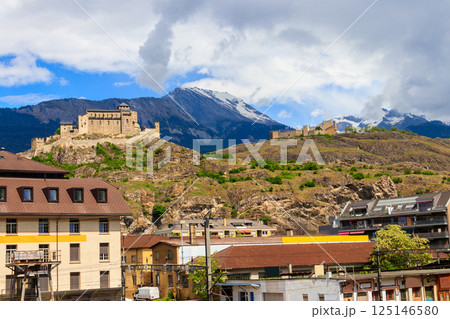 View of Tourbillon Castle and Valere Basilica in Sion, Switzerland 125146580