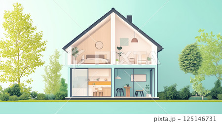 現代的な二階建て住宅の断面図 125146731