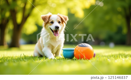 Happy puppy playing in the park on a sunny day...のイラスト素材 [125146837 ...