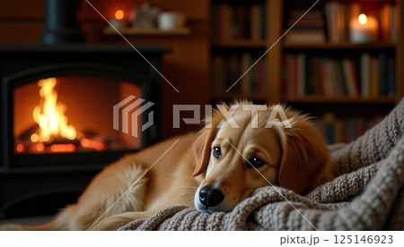 Golden retriever rests on cozy blanket in front of fireplace with warm glow in comfortable living room setting 125146923