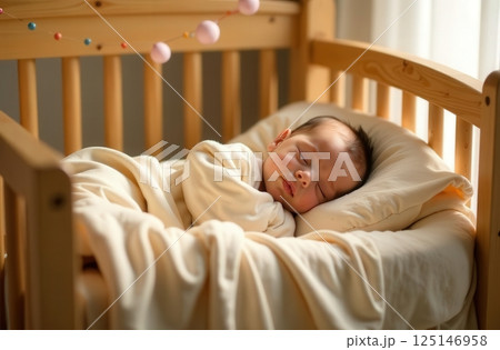 Upper view copy space portrait of cute blond baby sleeping in bed on his back, feeling safe, watching sweet dreams, resting, growing, gaining strength, getting strong. Childcare concept. Nap time Upper view copy space portrait of cute blond baby sleeping in bed on his back, feeling safe, watching sweet dreams, resting, growing, gaining strength, getting strong. Childcare concept. Nap time 125146958
