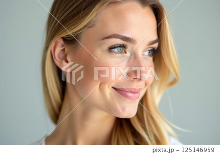 Young woman with long blonde hair smiling softly against a neutral background during a serene moment Young woman with long blonde hair smiling softly against a neutral background during a serene moment 125146959