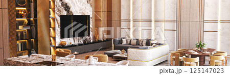 Luxury living and dining room with marble and gold accents 125147023