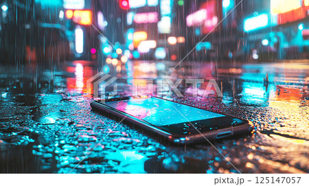 雨に濡れたスマートフォンとネオン街 125147057