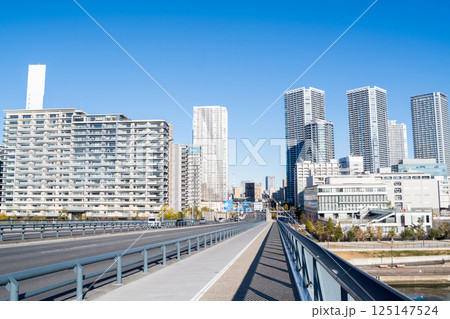 【豊洲大橋】早朝の橋上風景と都市風景 【豊洲大橋】早朝の橋上風景と都市風景 125147524