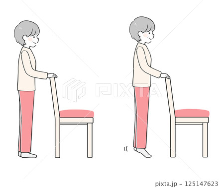 イスを使用し、かかと下ろし・かかと上げの運動をするシニア女性のイラスト 125147623