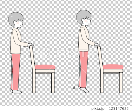 イスを使用し、かかと下ろし・かかと上げの運動をするシニア女性のイラスト 125147623