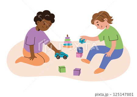 Cute cartoon toddlers, boy and girl, playing together with toys, blocks, stacking rings, and toy car. Joyful early childhood vector illustration, scene for parenting, educational kids products Cute cartoon toddlers, boy and girl, playing together with toys, blocks, stacking rings, and toy car. Joyful early childhood vector illustration, scene for parenting, educational kids products 125147801