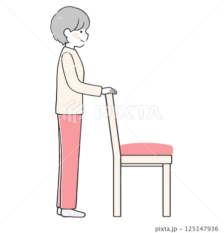 イスを支えに立つシニア女性のイラスト イスを支えに立つシニア女性のイラスト 125147936