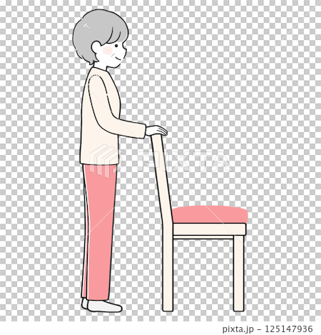 イスを支えに立つシニア女性のイラスト イスを支えに立つシニア女性のイラスト 125147936