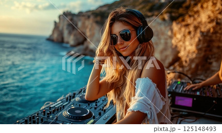 young woman DJ wearing sunglasses and headphones, mixing music on a console by the sea young woman DJ wearing sunglasses and headphones, mixing music on a console by the sea 125148493