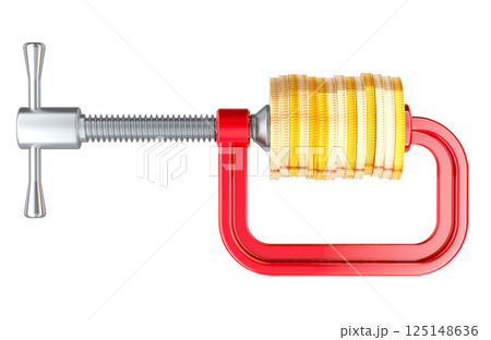 C clamp with golden coins. Financial crisis or recession concept. 3D rendering C clamp with golden coins. Financial crisis or recession concept. 3D rendering 125148636