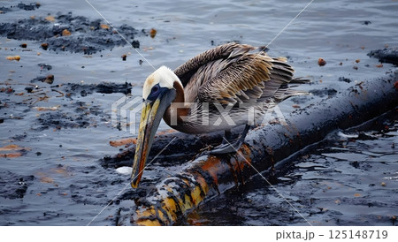A pelican covered in oil, trying to clean its wings, with a polluted ocean in the background, showing the devastating impact of the spill 125148719