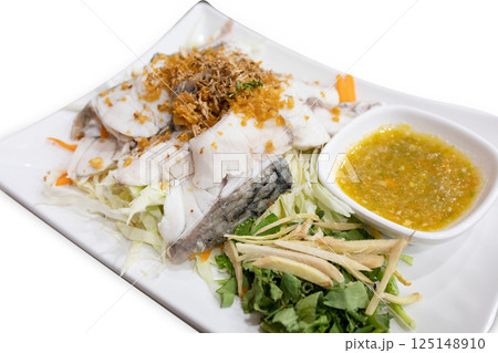Top view of Steam Red Snapper fillet with seafood spicy dipping , focus selective Top view of Steam Red Snapper fillet with seafood spicy dipping , focus selective 125148910