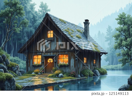 The house stands in water under pouring rain 125149113