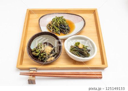 山菜を使った料理が三種類トレーに並べられている　春の料理おひたしや胡麻和え 125149133