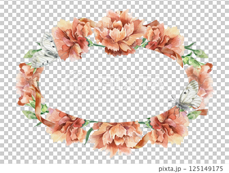 Red carnations, oval floral frame with ribbon. Hand drawn watercolor illustration isolated on white. Mothers Day, Birthday, Revolution, Independence, Remembrance, Victory cards, invitations, labels. 125149175