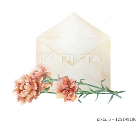 Red carnations bouquet and vintage envelope. Hand drawn watercolor illustration isolated on white. Mothers Day, Birthday, Revolution, Independence, Remembrance, Victory cards, invitations, labels. Red carnations bouquet and vintage envelope. Hand drawn watercolor illustration isolated on white. Mothers Day, Birthday, Revolution, Independence, Remembrance, Victory cards, invitations, labels. 125149186