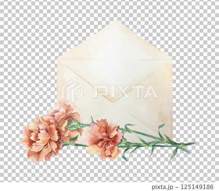 Red carnations bouquet and vintage envelope. Hand drawn watercolor illustration isolated on white. Mothers Day, Birthday, Revolution, Independence, Remembrance, Victory cards, invitations, labels. Red carnations bouquet and vintage envelope. Hand drawn watercolor illustration isolated on white. Mothers Day, Birthday, Revolution, Independence, Remembrance, Victory cards, invitations, labels. 125149186