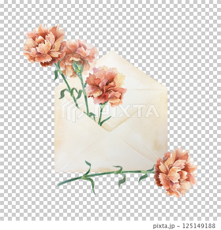 Red carnations in vintage envelope. Hand drawn watercolor illustration isolated on white. For Mothers Day, Birthday, Revolution, Independence, Remembrance, Victory cards, invitations, labels. Red carnations in vintage envelope. Hand drawn watercolor illustration isolated on white. For Mothers Day, Birthday, Revolution, Independence, Remembrance, Victory cards, invitations, labels. 125149188