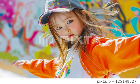 カラフルな壁の前でポーズを決める女の子 125149327